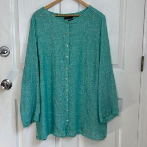 Tahari 100% Linen Tunic Size 1X Turquoise Mother of Pearl Button Up side slit